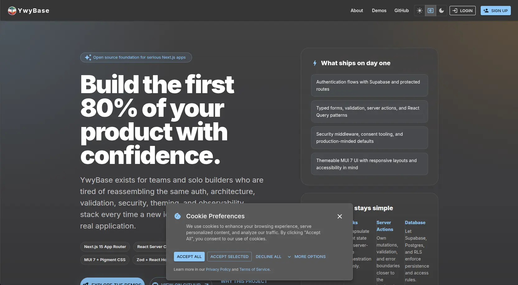 YwyBase application screenshot showing the main dashboard interface