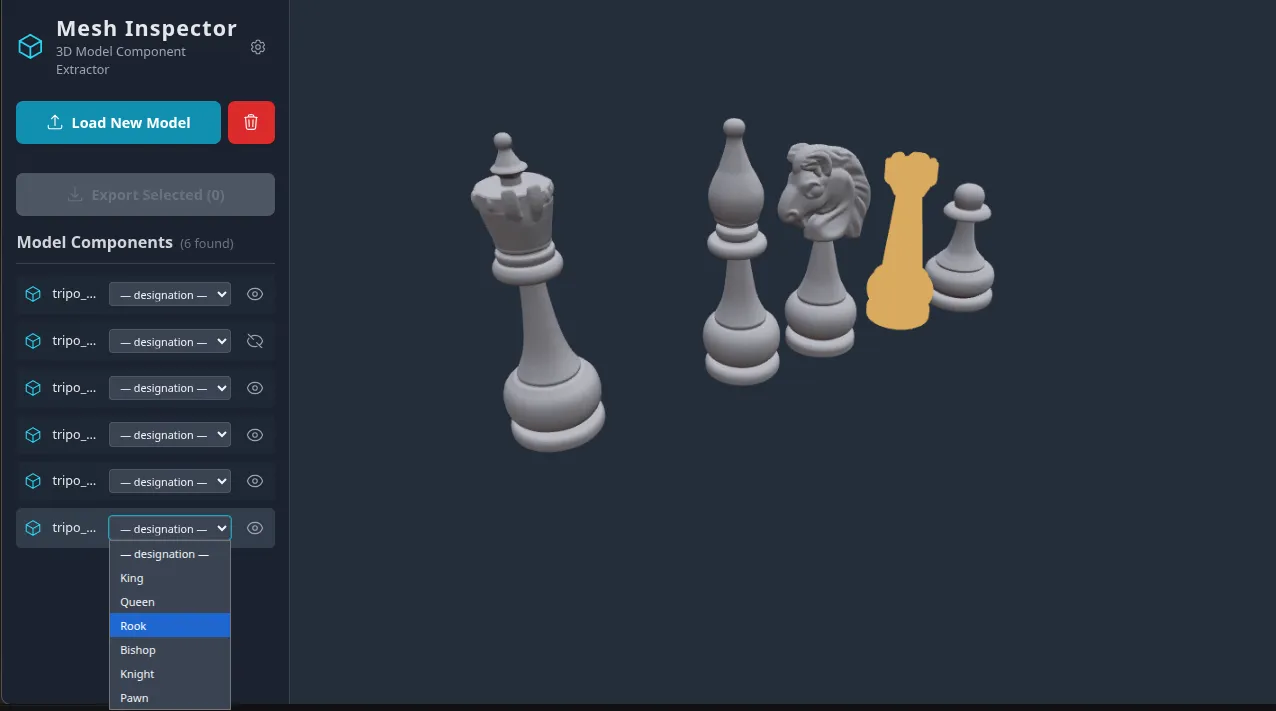 GLB Mesh Inspector showing a 3D chess set with mesh list and visibility toggles