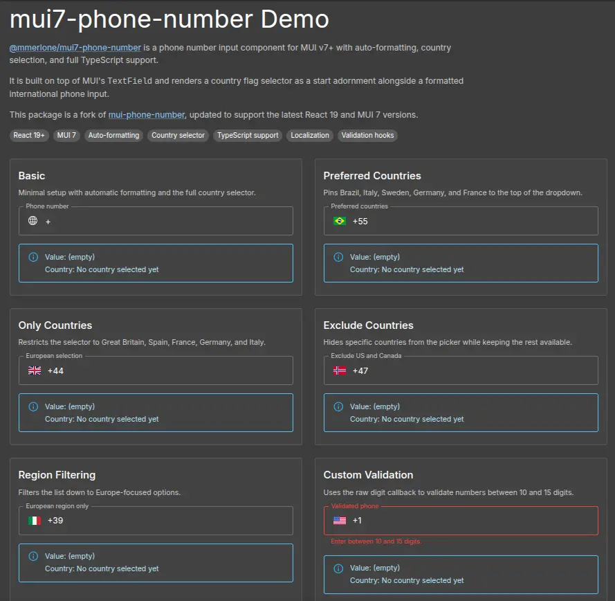 @mmerlone/mui7-phone-number component demo showing phone number input with country selector